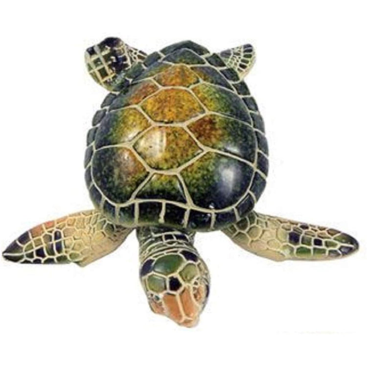 sea turtle figurine in natural greens, tans and off white accents.