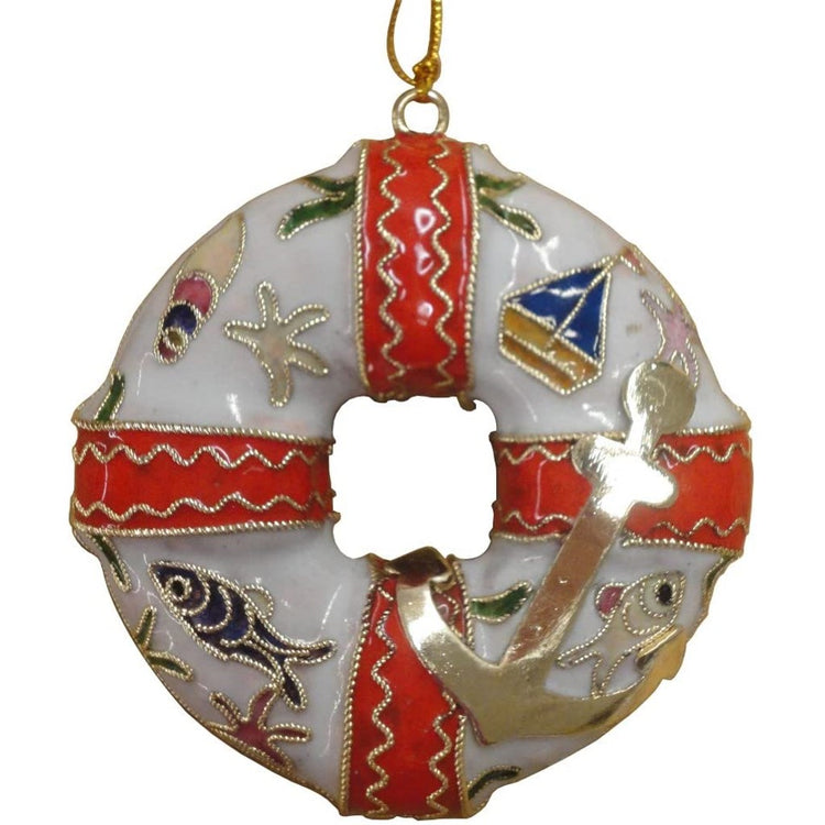 white life ring ornament with red accents, gold anchor & other sea life 