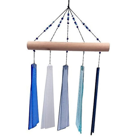 Wood with beads and glass long chimes hanging from the wood.
