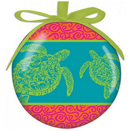 round ornament with coral striped and green turtles. hanging by green ribbon