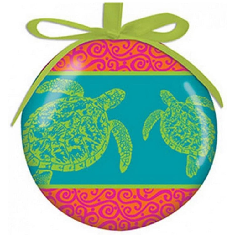 round ornament with coral striped and green turtles. hanging by green ribbon