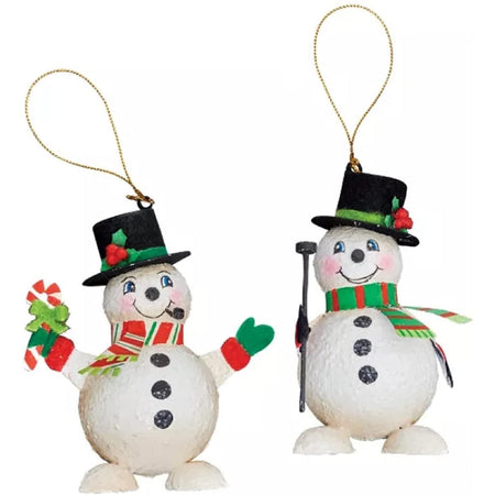 2 snowmen with top hats ornaments.