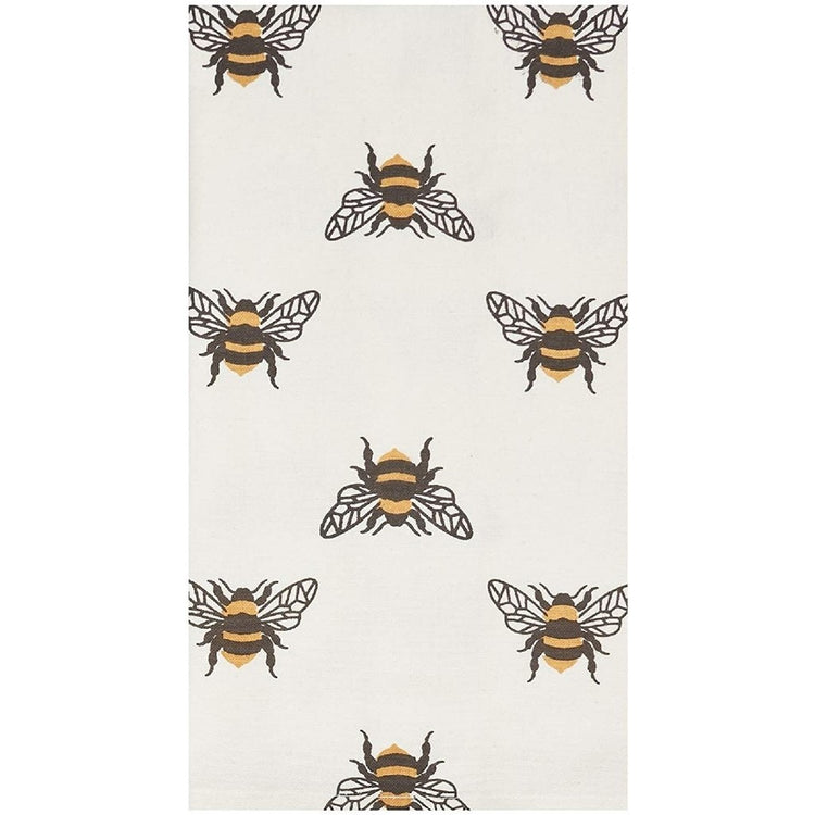 Off-white towel with black & yellow bumble bees on it.