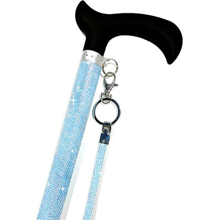 Top half light blue jeweled cane with black handle and wrist band