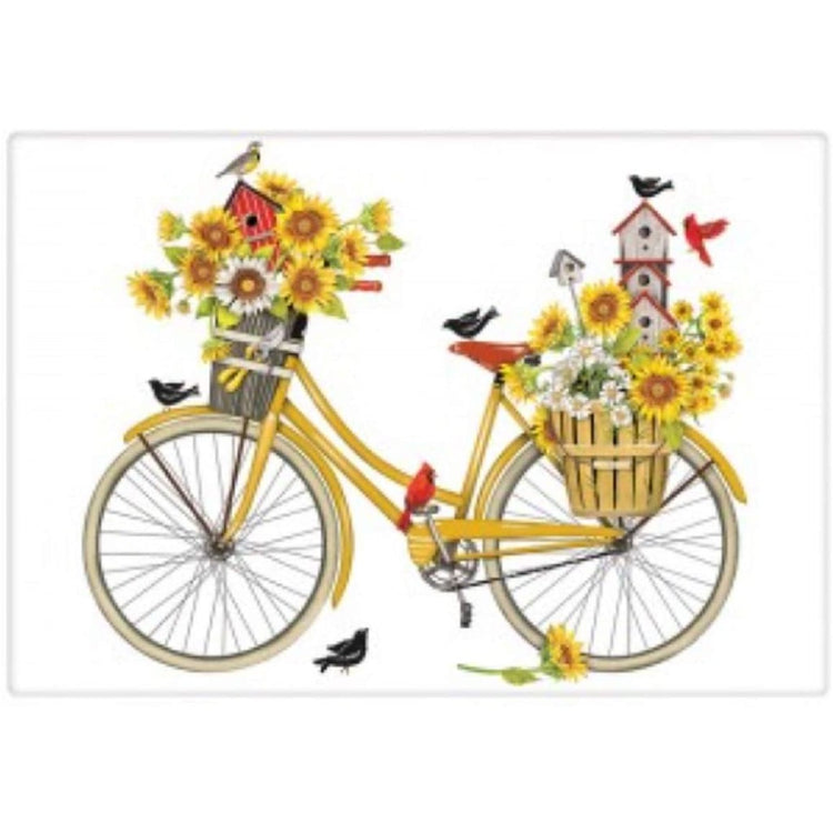 Yellow bike with sunflowers, birdhouses & birds.