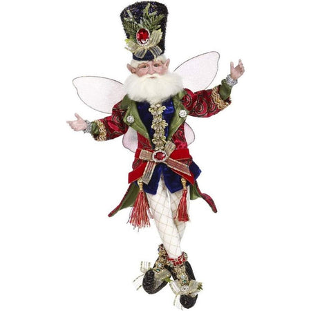Bearded fairy in nutcracker hat, red coat and blue vest.