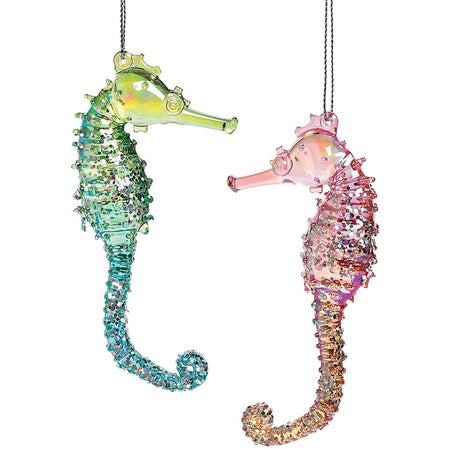 1 green & blue seahorse and 1 pink & orange seahorse, both glittery.