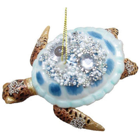 Blue sparkly shell with a brown turtle.