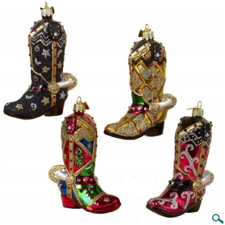 4 cowboy boot ornaments. 1 is black, red & gold. 1 is gold & green. 1 is black, gold & silver. 1 red, green, gold & blue.