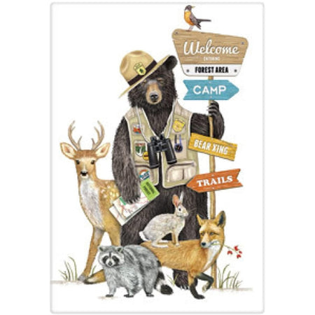 Bear holding a camp sign with a rabbit, deer, racoon & fox.