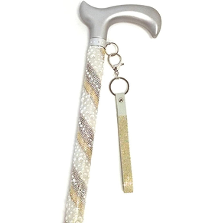Silver handle cane with yellow, silver & pearl gems.