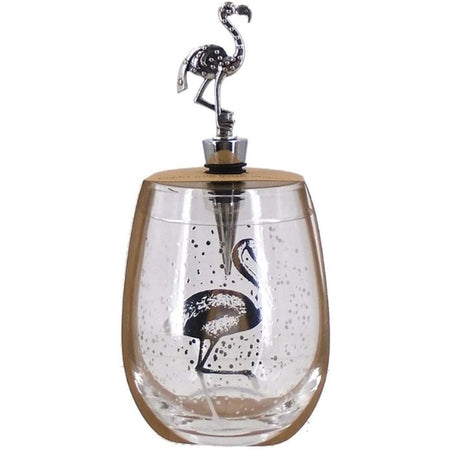 Clear stemless wine glass with silver flamingo design and silver flamingo bottle stopper.