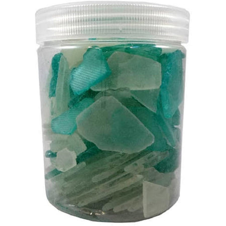clear plastic jar full of pieces of green and white faux sea glass.