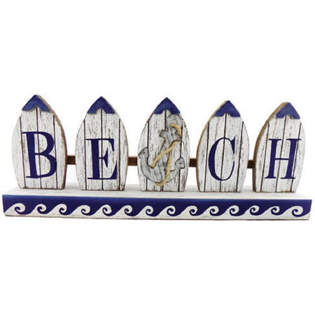 wood sign painted white & blue accents, Shaped like rowboats spelling beach.