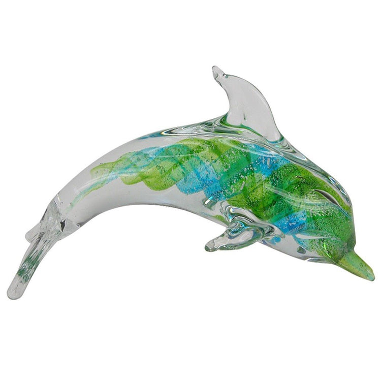 Clear glass dolphin figure with blue and green swirl pattern under.