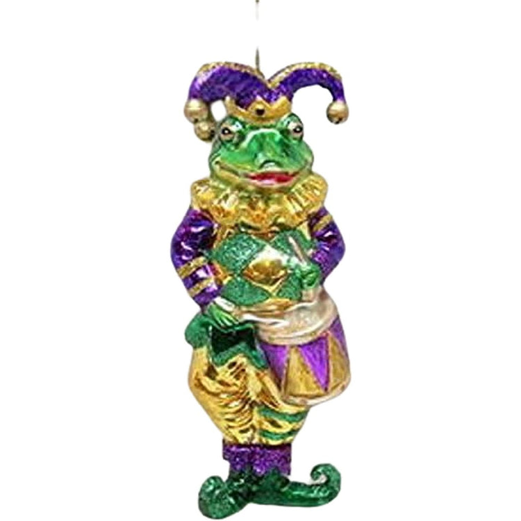 Blown glass frog ornament in a jester hat, purple suit, and playing a drum.