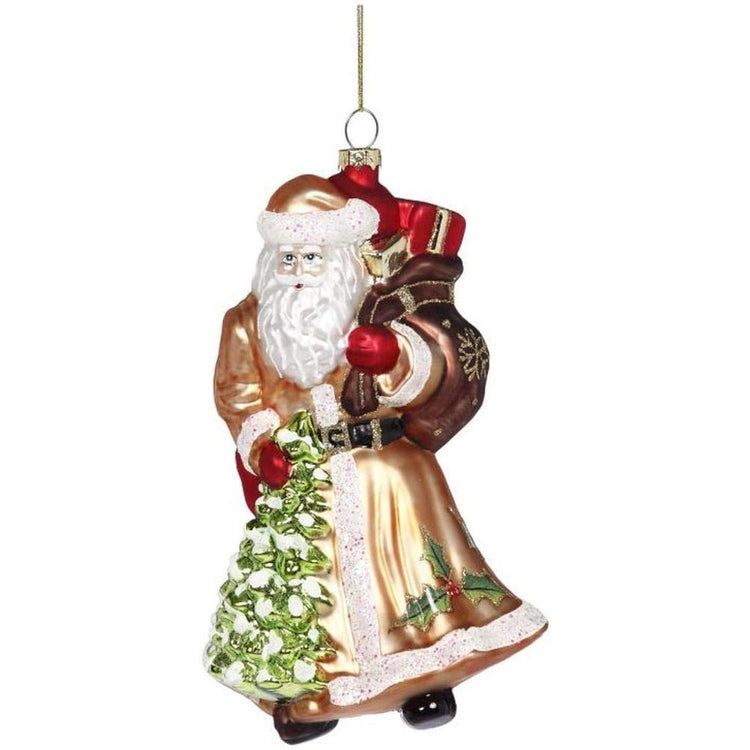 Blown glass santa oranament, Santa is wearing gold coat and hat, holding a small christmas tree and a brown sack of toys.