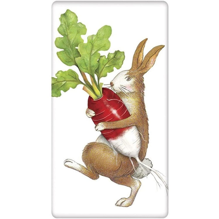 Brown and white rabbit carrying a red radish with green leaves.