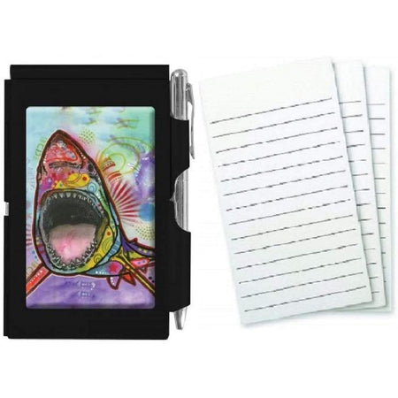 Black flip note with a rainbow shark on the front.