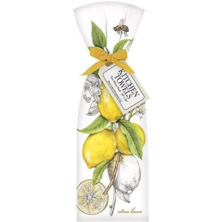 White flour sack kitchen towel accented with bunch of yellow lemons. Tied with yellow ribbon.