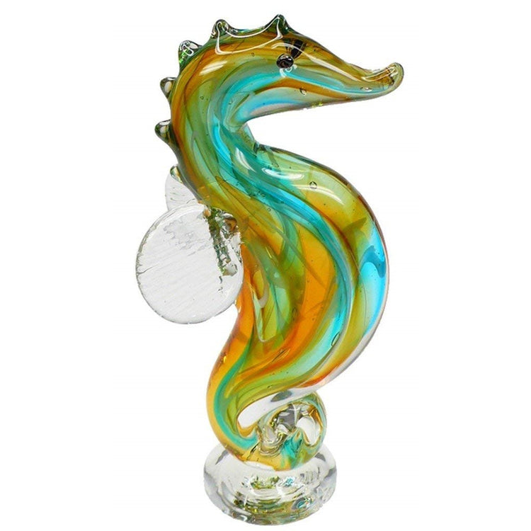 Seahorse figure in clear with gold and blue swirling strands under.