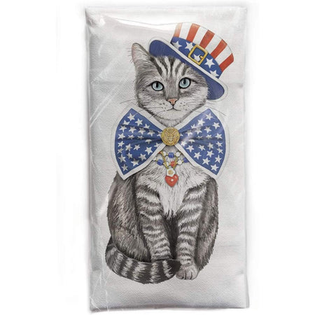 White & grey striped cat wearing a flag bow & hat & necklace.
