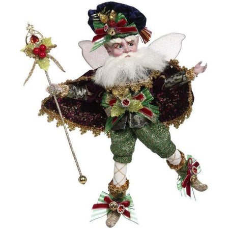 bearded fairy in blue hat, green pants, sequined burgundy cape, he's holding a scepter  with holly accent at the top.