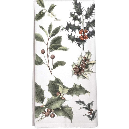 white towel with green & red holly & leaves