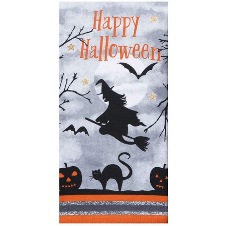 Happy Halloween towel with a witch, cat & pumpkins on it.