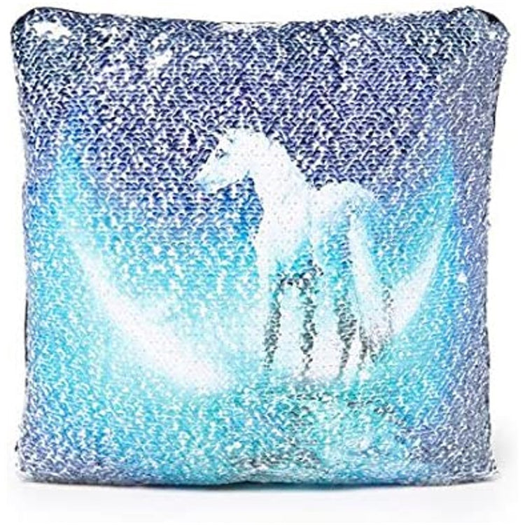sequined pillow with unicorn design.