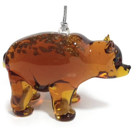 blown glass brown and gold glitter grizzly bear ornament.