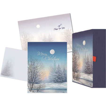 merry Christmas keepsake box with snowy christmas cards inside.