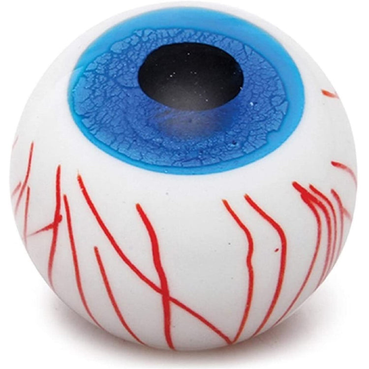 Glass eyeball paperweight with a bright blue iris and red vein pattern,