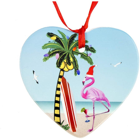 ceramic heart shaped ornament with a flamingo and palm tree  christmas design.