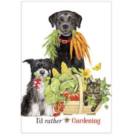 White flour sack dishtowel with a black lab, a small shaggy dog, and a cat, sitting with garden vegetables. Says "I'd rather bee gardening"