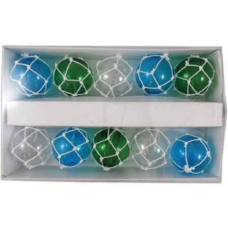 String of lights in 10 plastic balls wrapped in white net. Alternating colors of green, blue & white. Inside of white box.