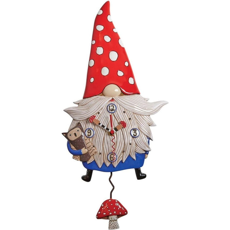 Gnome clock with a red hat & mushroom pendulum.