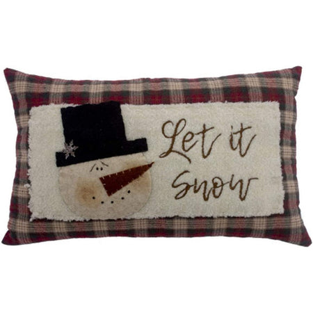 Plaid fabric pillow with a snowman head and stitching that says Let It Snow on the front.
