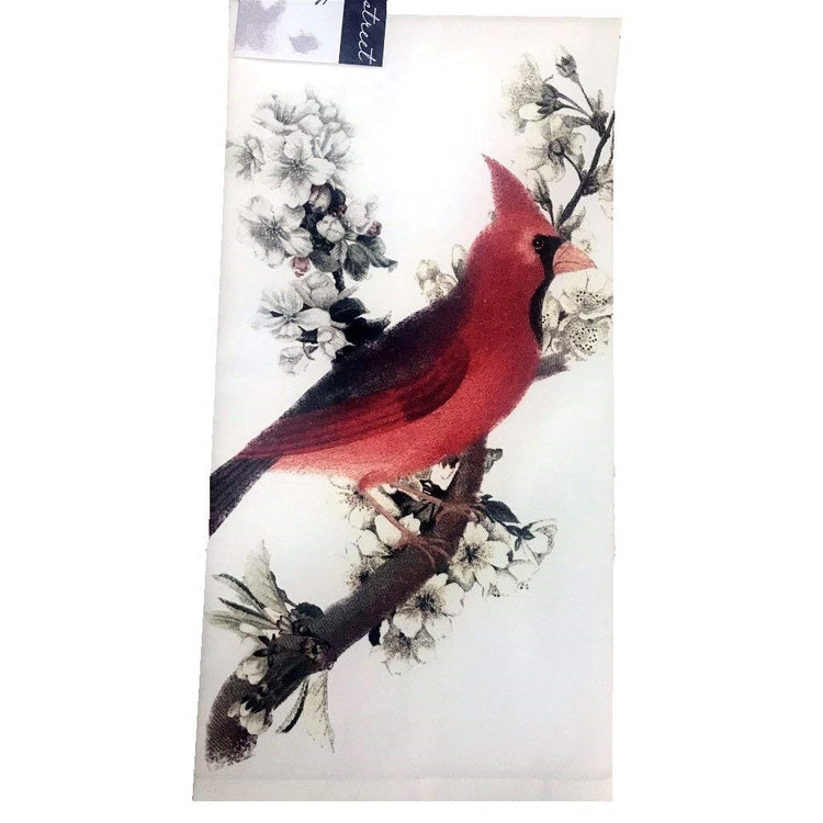 White kitchen towel with red cardinal on cherry blossom branch.