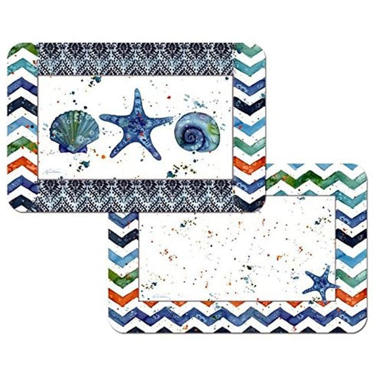 2 placemats with zig zags in shades of blue, green & orange. also shows blue starfish and shells.