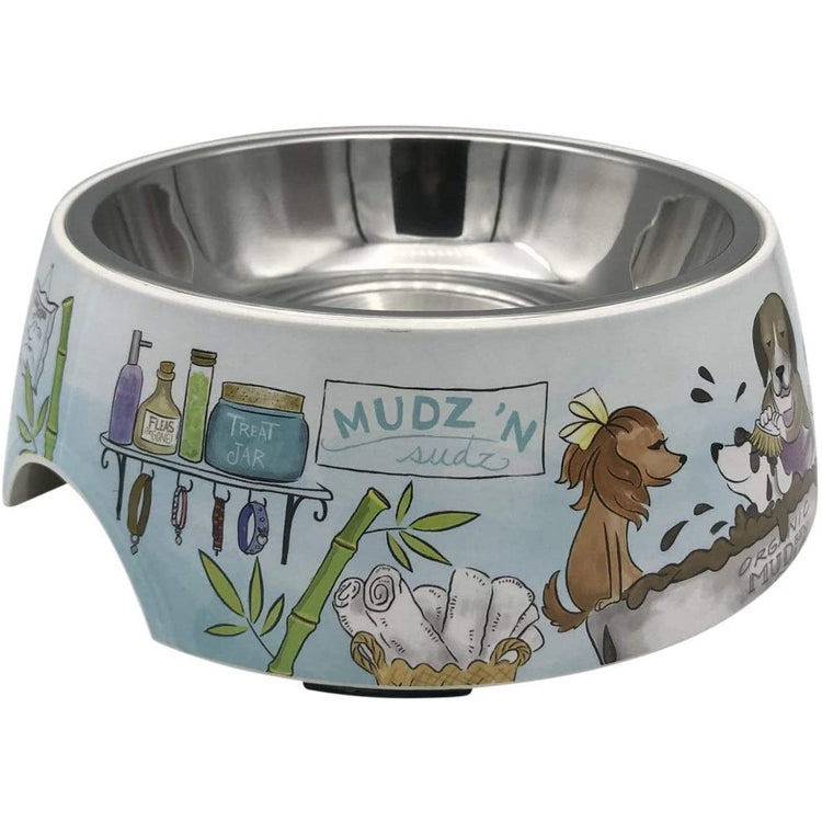 Metal dog bowl with doggy spa design.