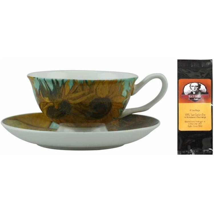 cup and saucer showing van gogh sunflower painting and black tea package.
