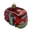 Van shaped Christmas ornament.  Red with glitter accent.  Shows a surfboard leaning on side.