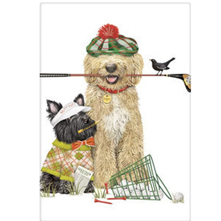 Two dogs sitting beside a basket of golf ball tipped over, and tees. Smaller black dog is wearing a plaid shirt, bow tie and visor, with a pencil in mouth. Large brown and white dog is wearing a hat and holding a golf club in mouth, a black bird rests on the golf club.