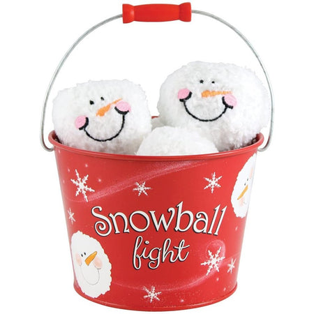 Red tin bucket that says "snowball fight" with plush snowballs inside.