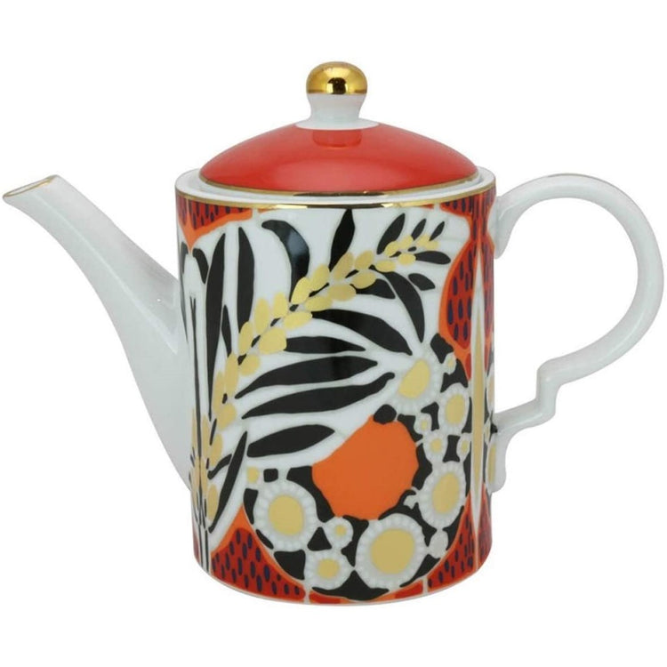 White teapot with gold trim. Red, yellow, black, & orange flowers & leaves.