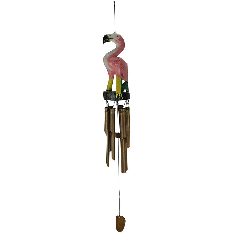 Wooden pink flamingo with brown chimes.