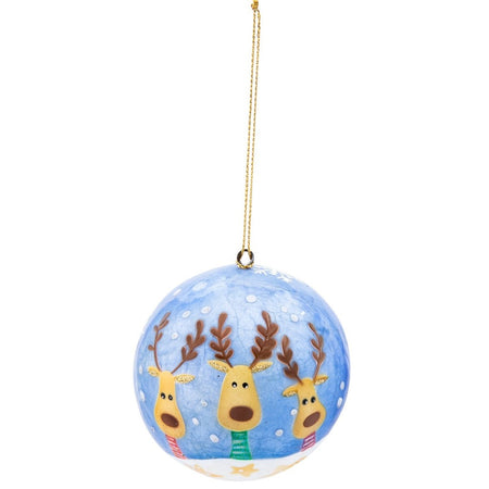 Blue capiz shell ball ornament with three reindeer painted on it.
