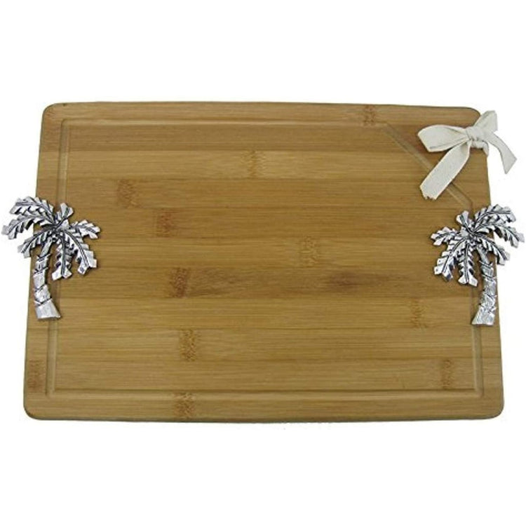 Bamboo cutting board with silver icons on each side.