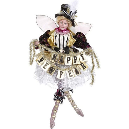 Fairy in black & white striped top with gold lapels, black top hat and happy new year banner.